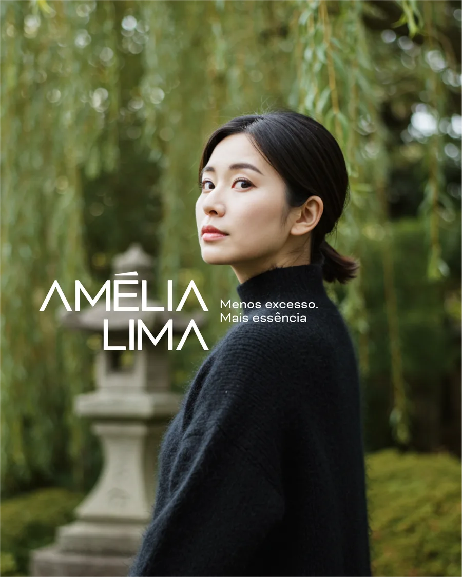 Mulher de suéter preto em um jardim, ao lado do logo de Amélia Lima.