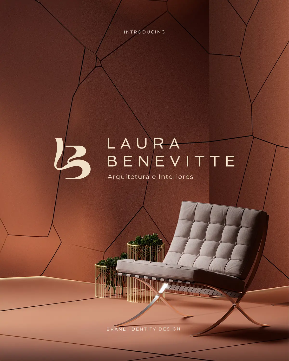 Logo em off-white sobre parede terracota, com uma poltrona em primeiro plano.